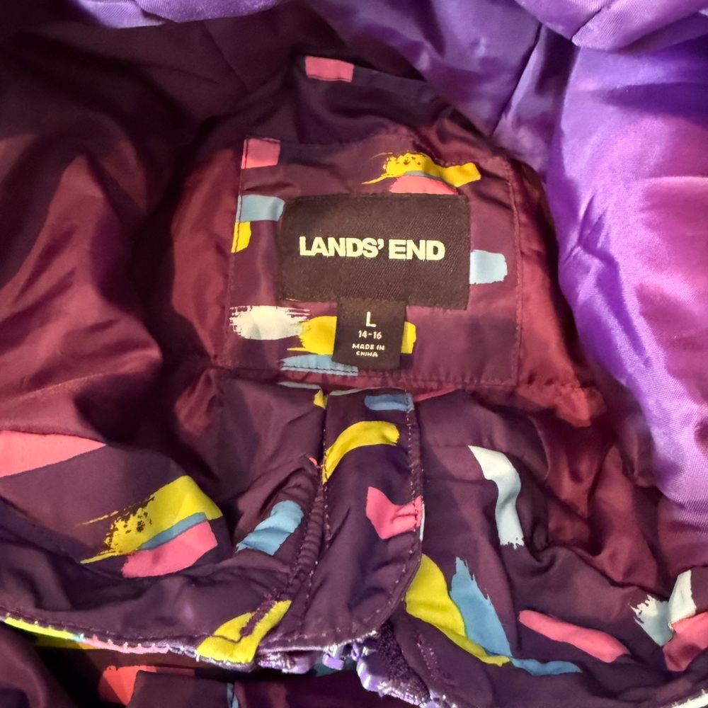 Lands' End Kids Puffer Jacket - Purple with Colorful Patterns
